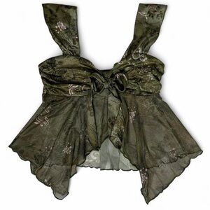 Floral Tie Front Babydoll Cami Top XS Green Sheer Mesh Fairycore Indie Y2K Boho